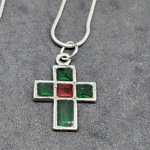 Silver Plated Snake Chain Stained Glass Cross 16"